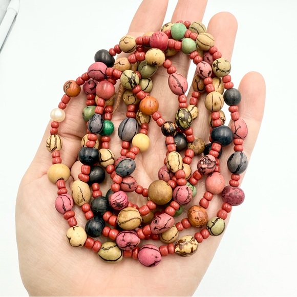 Vtg Tibetan Ethnic Regional Multicolor Wooden Beaded Red Coral Praying Necklace - Picture 1 of 7